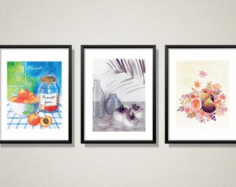 Set of 3 seasonal fruits and vegetables, Wall art, Culinary illustration, decoration, Digital download