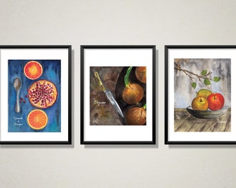 Set of 3 seasonal fruits and vegetables, Wall art, Culinary illustration, decoration, Digital download