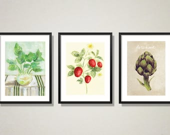Set of 3 seasonal fruits and vegetables, Wall art, Culinary illustration, decoration, Digital download