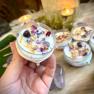 Ritual Candle Large Crystal Tealight with Amethyst and Flowers in Soy Wax 100% Natural / Harmony / Happiness /