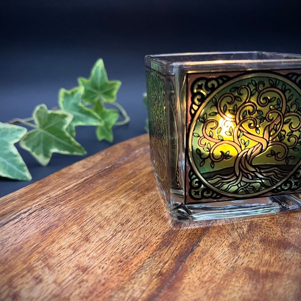 Kleines Windlicht Teelichtglas  Baum des Lebens / Yggdrasil / grün
