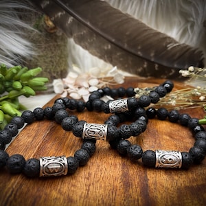 Black tourmaline runes - beaded bracelet with lava stone / elastic band / power bracelet / Celtic / Viking