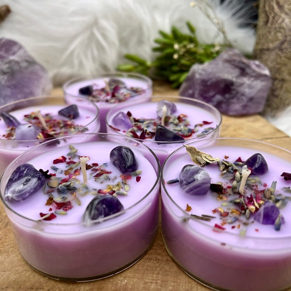 Ritualkerze Entspannung Maxi Teelicht Amethyst mit Rapswachs und Lavendel