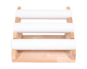 3 Tier Bracelet Display Stand – Natural Wood and Leather for Markets and Shops, Rustic Jewelry Stand for Makers