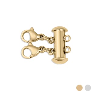 Può includere: Una chiusura per gioielli color oro con due chiusure a moschettone e una chiusura magnetica cilindrica. La chiusura è progettata per collegare due estremità di una collana o di un braccialetto. Il metallo ha una finitura lucida.
