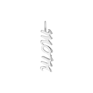 May include: A silver pendant in the shape of the word "mom" in a cursive font. The pendant has a small loop at the top for attaching to a chain. The pendant is displayed against a white background.