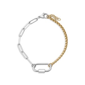 May include: A two-tone bracelet featuring a silver chain link design on one side and a gold-colored chain on the other. The bracelet has a silver clasp and a gold-colored extension chain.