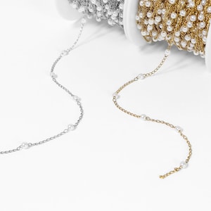 Stainless Steel PVD Coated Faux Pearl Cable Chain By The Foot | Pearl Chain for Permanent Jewelry | Wholesale Bulk Chain for Jewelry Making