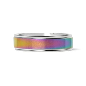Rainbow Center Polished Edge Stainless Steel Ring | Comfort Fit Rings | Engravable Rings | Wholesale Bulk Rings