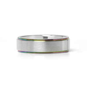 Rainbow Edge Brushed Center Stainless Steel Ring | Comfort Fit Rings | Engravable Rings | Wholesale Bulk Rings