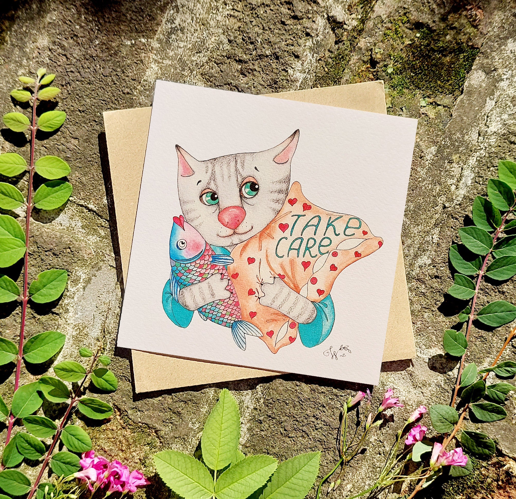 Cozy Cats Cuídate Tarjeta de felicitación de papel de Etsy España