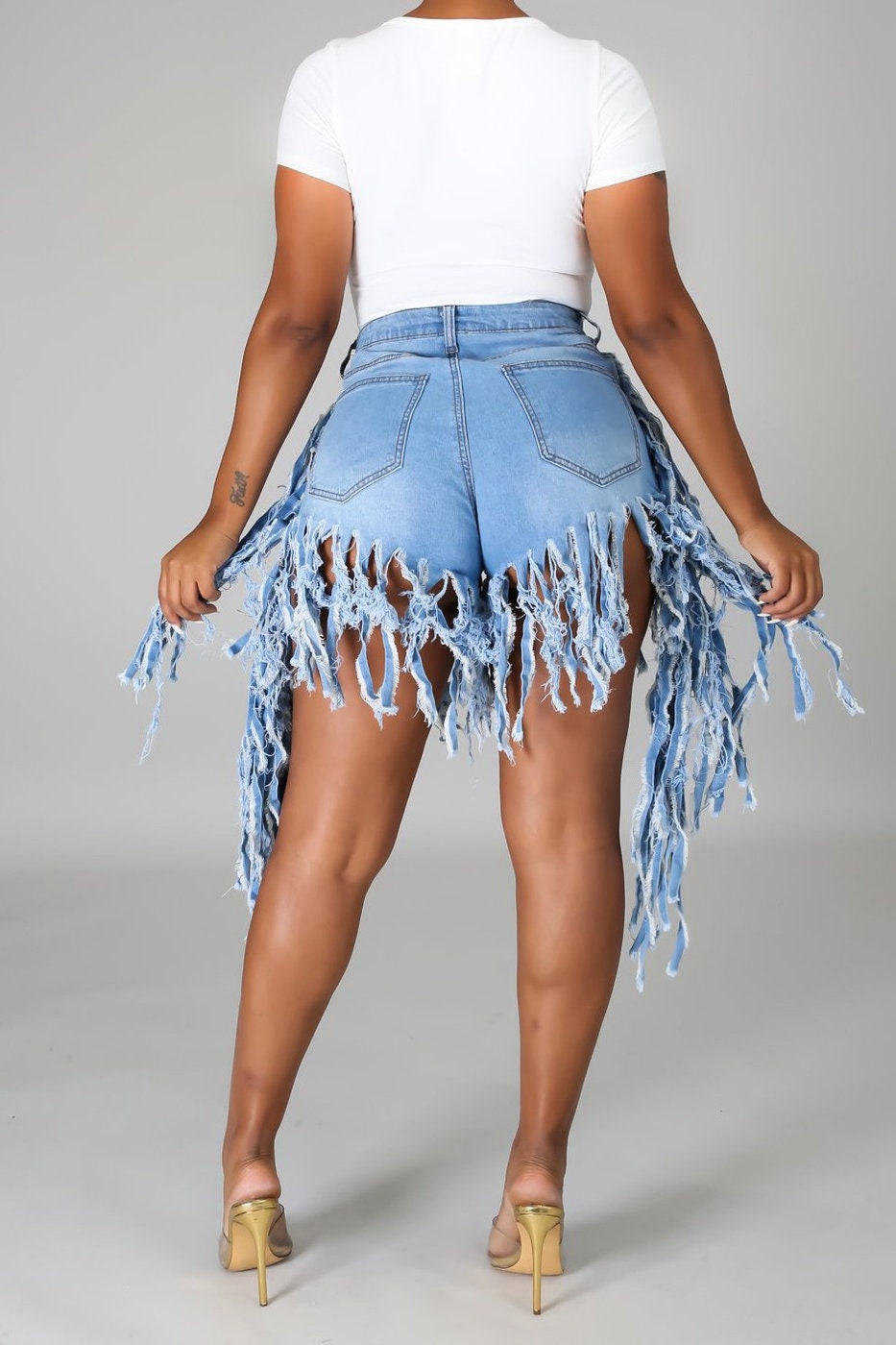 teal fringe shorts
