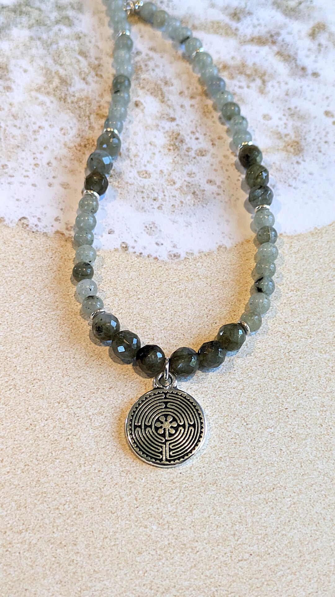 Labyrinth Chain Labradorite Beaded Necklace: Labyrinth Charm, Silver Chain, Chartres ...