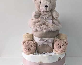 Neutral shades Teddy Bear Nappy Cake Baby Gift.  Baby shower or gender reveal centrepiece.  Unisex baby gift