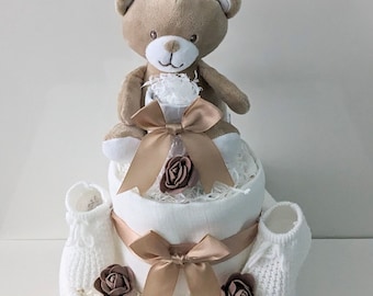 Neutral Baby Gift Nappy Cake with Waffle Cotton Baby Blanket, Cotton Muslin, Booties and Teddy Bear. Baby Shower/Gender Reveal Cake.