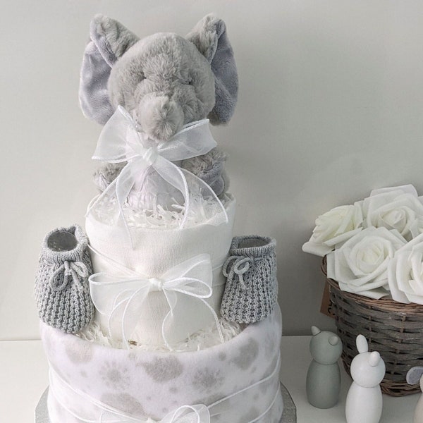 Elephant BABY NAPPY CAKE.  Grey and White Unisex Baby Nappy Cake Gift Hamper. Mum to be/new mum gift. Baby Shower Centrepiece.