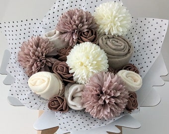 Baby Clothes Bouquet in neutral shades.  Perfect New Mummy Gift or Mummy to be Gift. Baby shower gift. New baby Gift.