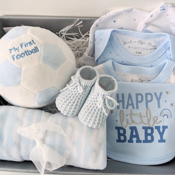 Baby first football hamper.  Blue football baby hamper.  Clothing set, blanket and soft football rattle.  New baby boy gift.  Football