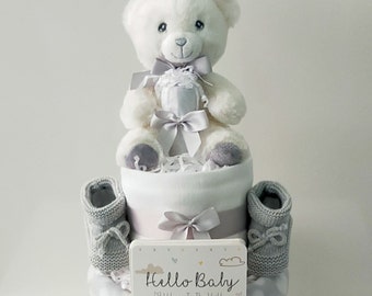 Baby Shower Cake. Grey and White TEDDY NAPPY CAKE Gift. Unique Teddy Bear Baby Gift Hamper.  Gender-neutral cake. Mum to be gift.