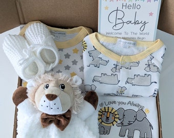 Unisex Baby Gift Box - Lion or Elephant Baby Gift - Neutral Baby Gift Set. 5 piece cotton clothing set, comforter and milestone cards