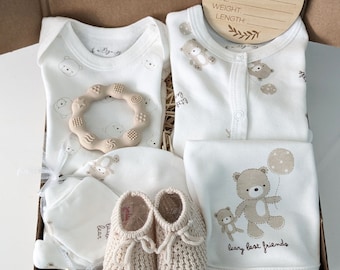 Nueva caja de regalo para bebés - Set de regalo unisex Baby Bear - Ropa de bebé en tonos neutros - Baby Shower neutro - Es un regalo para bebés - Regalo para bebés o niñas