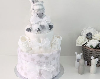 GÂTEAU DE COUCHES POUR BÉBÉ Unisexe Zebra. Panier de couches neutre pour bébé. Cadeau pour future maman/nouvelle maman. Baby shower/révélation du genre.