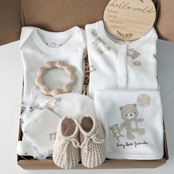 New baby gift box - Unisex Baby Bear Gift Set - Neutral Shades Baby Clothes - Neutral Baby Shower - It's A Baby Gift - Baby Boy or Girl Gift