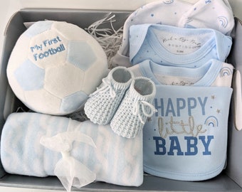 Baby first football hamper.  Blue football baby hamper.  Clothing set, blanket and soft football rattle.  New baby boy gift.  Football