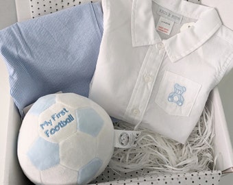 First Birthday Gift with blue and white shirt and trousers clothing set and soft first football. Birthday gift.