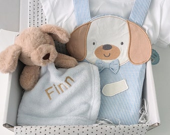 Baby Boy Outfit and Comforter Gift. Puppy Dog Themed New baby boy gift