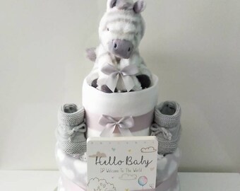 Grey and White UNISEX NAPPY CAKE. Nappy Cake Gift Hamper. Zebra Neutral Unisex New born hamper. Mum to be gift. Baby shower/gender reveal.