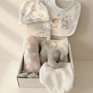 Coffret cadeau pour bébé éléphant : ensemble de layettes neutre, chaussons, jalons et édredon