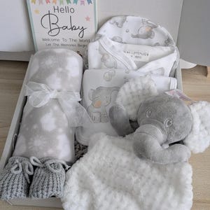 Elephant Baby Gift Set: Neutral Layette Set, Booties, milestones & Comforter