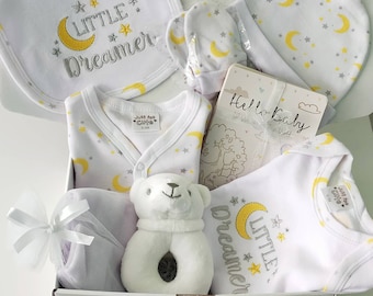 Gender Reveal or Baby Shower Gift. Unisex Baby Gift Hamper Boxed 'Little Dreamer' Clothing Set. New Born Baby Gift.