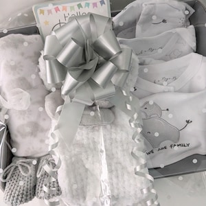 Unisex Elephant Theme Gift Hamper 0-6M. Neutral Grey and White Baby Gift. Neutral Baby Gift with 5 piece layette clothing set image 2