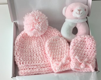 Baby girl gift of boxed baby hat and mittens set 0-6M in pink with bear baby rattle. Warm and snuggly baby set.  Baby shower gift.