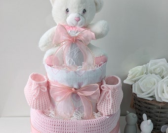 Cadeau bébé gâteau de couches ours. Cadeau unique pour bébé ours rose. Cadeau bébé fille. Une maman en cadeau. Cadeau baby shower rose