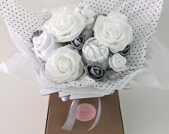 Baby Gift Bouquet in Grey and White.  Perfect New Mummy Gift or Expectant Mum/Mummy to be Gift. Baby shower gift.  Maternity Leave Gift