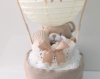 Unisex Hot Air Balloon Nappy Cake Gift. Baby Shower Nappy Cake in Biscuit & Cream. Teddy Bear Soft Toy. Gender Reveal Cake