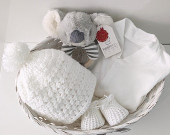 Unisex baby gift hamper with hand crochet pom-pom hat, white sleepsuit, koala bear rattle and booties  Gender reveal or baby shower gift