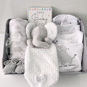 Unisex Elephant Theme Gift Hamper 0-6M. Neutral Grey and White Baby Gift. Neutral Baby Gift with 5 piece layette clothing set image 1