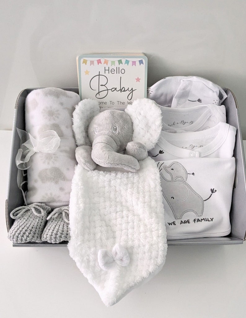 Unisex Elephant Theme Gift Hamper 0-6M. Neutral Grey and White Baby Gift. Neutral Baby Gift with 5 piece layette clothing set image 1