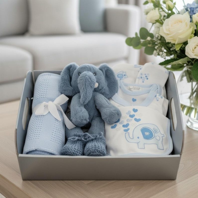 Dusky Blue Elephants Baby Hamper: New Baby Gift With Layette Set 0-6M ...