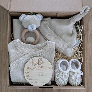 Neutral Baby Gift - Teddy Bear Theme Baby Gift - Baby Boy or Baby Girl Gift - Cotton Clothing, Teddy Bear Rattle, Booties and Keepsake Disc