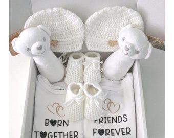 Neutral Twins Baby Gift: Born Together, Friends Forever bodysuits 0-3M, rattles and booties