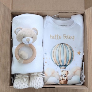 New Baby Gift Set - Hello Baby Neutral Teddy Bear Theme Baby Gift Set - Baby Boy or Baby Girl Gift