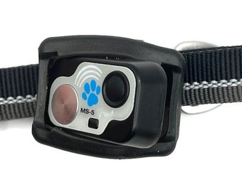May include: Black and silver dog training collar with a blue paw print and the text "MS-5" on the device.