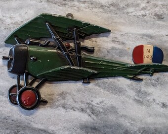 Vintage 1968 Sexton Model 1123 Metal Cast Bi-Plane Green Plaque Wall Hanging