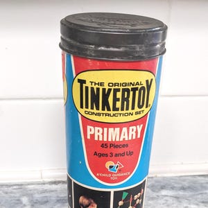 Vintage Tinkertoy Empty Tin Top Container