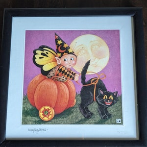 Vtg Mary Engelbreit  Framed Halloween Print Pumpkin Black Cat Wall Hanging Decor    #567/750
